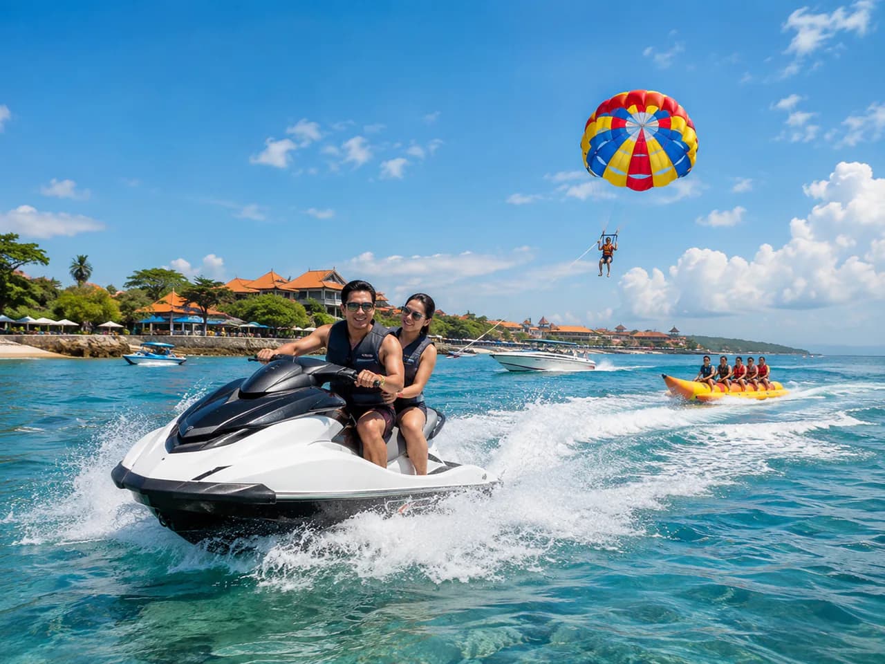 Aktivitas water sports di perairan Bali dengan jet ski, parasailing, dan banana boat.