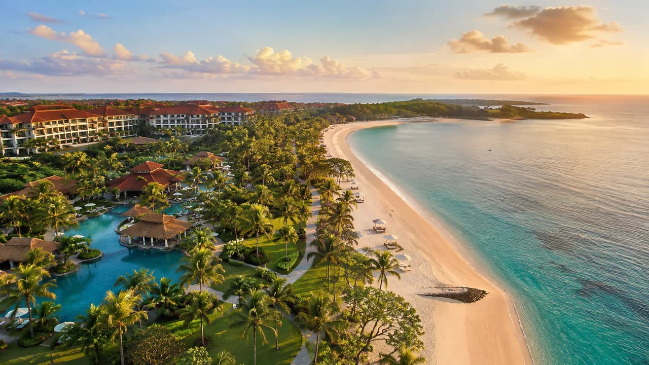 Pemandangan pesisir Nusa Dua di Bali dengan pantai berpasir putih, laut biru, dan kawasan resort.